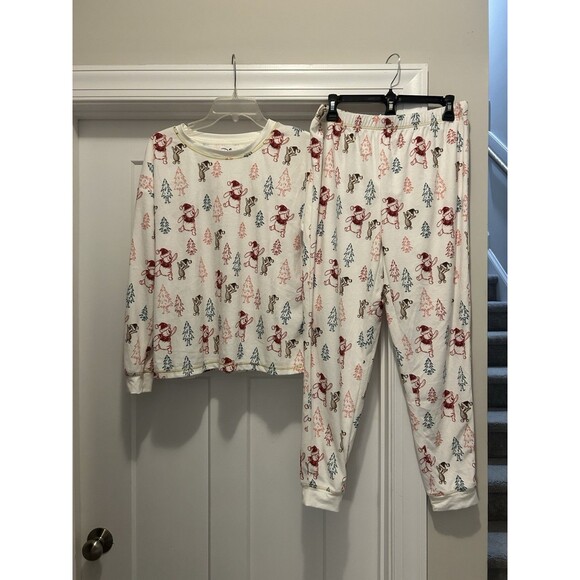 Disney Winnie The Pooh Holiday Christmas Pajama Set Top & Pants Medium Knit Cozy - Picture 2 of 8
